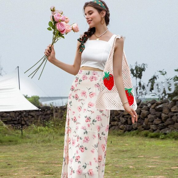 Crochet Tote Bag Strawberry Pattern Beach Bag Summer Shoulder Handbag - Picture 5 of 6